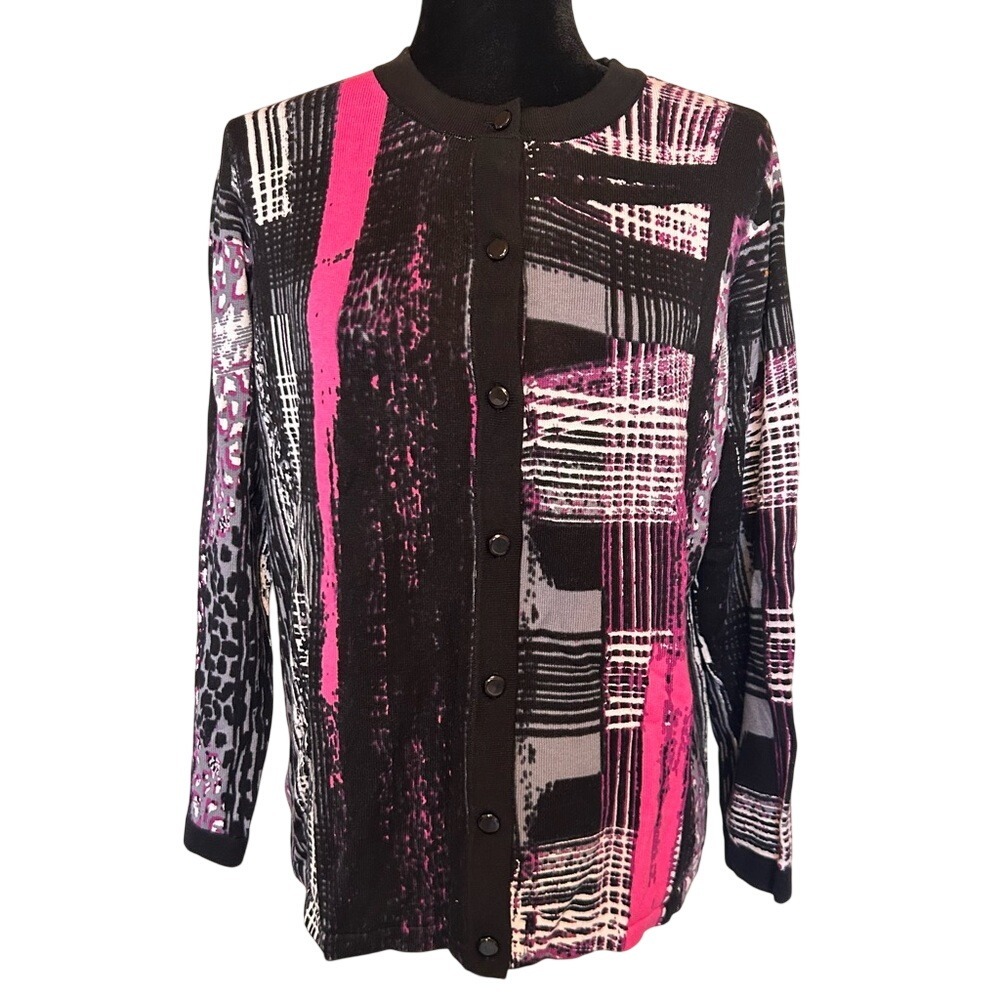 NWT‎ Bob Mackie Black and Pink Patterned Printed Cardigan Sweater Size Medium